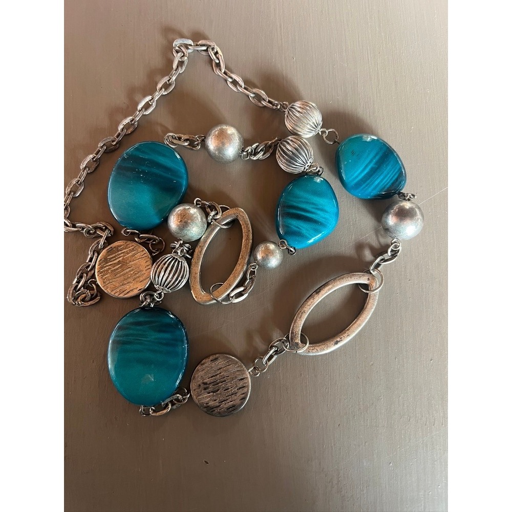 Station Necklace 34" Teal Blue Silver Resin Mixed Bead Boho Long Mermaidcore